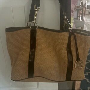 MICHAEL KORS Beige Tote Bag with Black patten leather straps and accents!